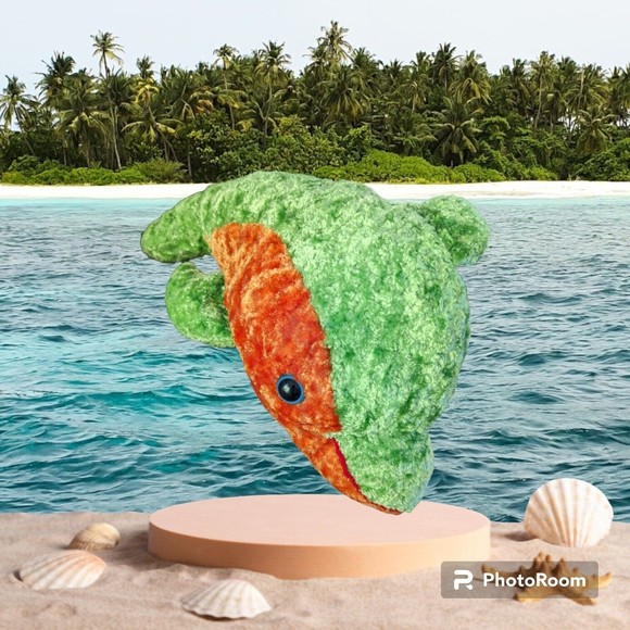 Royal Plush Toys Green Orange Dolphin Stuffed Plush Toy 12" Long Flaw Blue Eyes - Picture 1 of 10